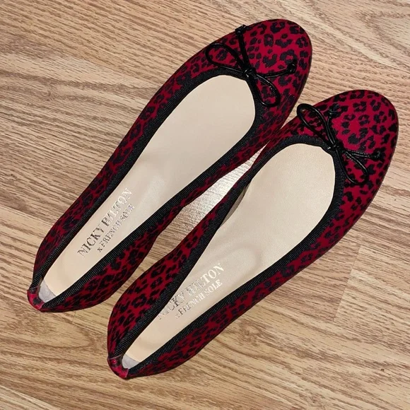 NICKY HILTON x FRENCH SOLE Red Black Animal Print Ballet Flats Leather Sz 7 - Picture 2 of 10